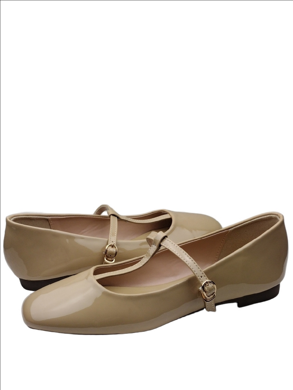 C.Paravano Clara Beige Patent Leather Square Toe Slim T-Bar Strap Mary Jane Shoe